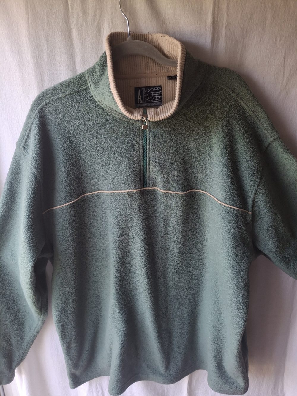 Mens Half-Zip Fleece Pullover in Sage Green with Cream Trim